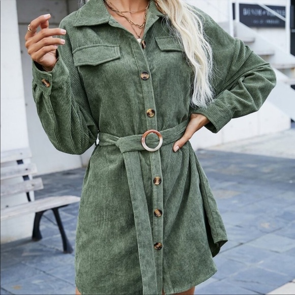 NWT mini corduroy dress in olive green. - Picture 2 of 5